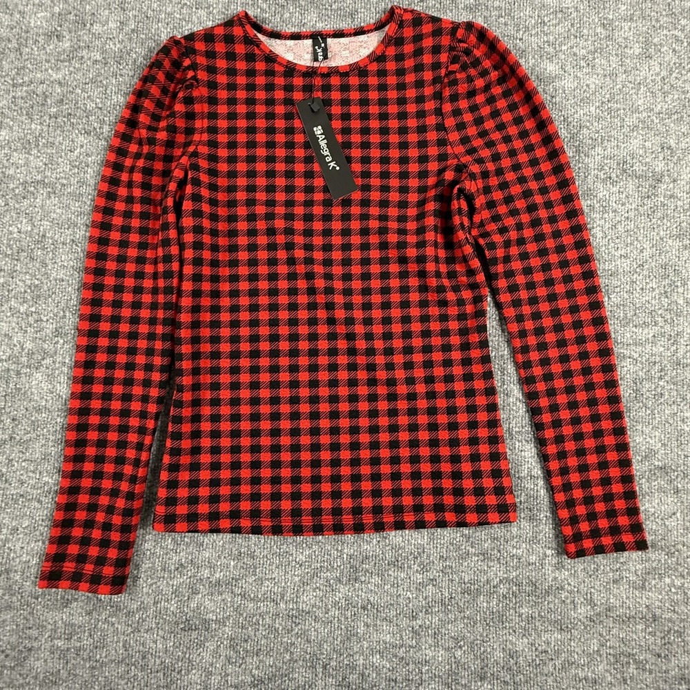 Allegra K Shirt Womens XS Red Black Plaid Long Sleeve Stretch Pullover‎ Top